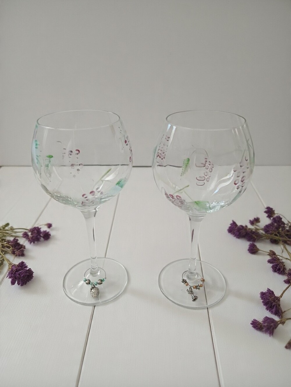 Hand-Painted 8" Wine Glasses with Floral Motif - Set of 2